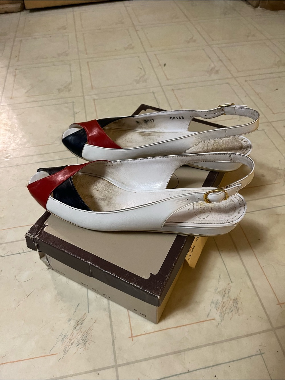 Bruno Magli White Slingback Peep-Toe Heels with Red and Black Front Detail